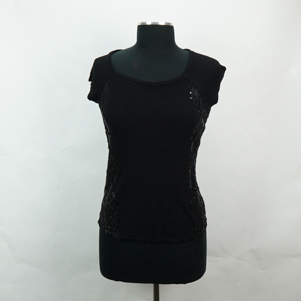 Beaded and Sequins Black Wide Neck T Shirt S